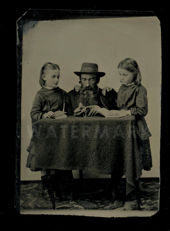 tintype man & Girls holding open watch or photo locket 1800s Unusual Mourning?