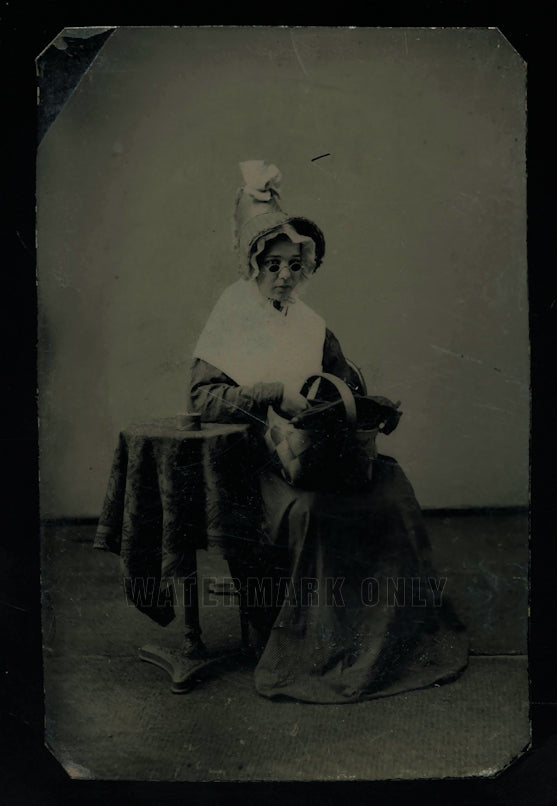 Tintype Photo Girl In Granny Costume Holding Basket Halloween Unusual Antique