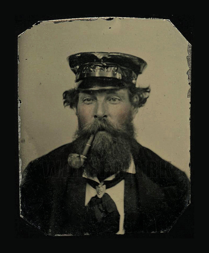 excellent gem tintype pipe smoking man with big beard oilskin cap sea captain??