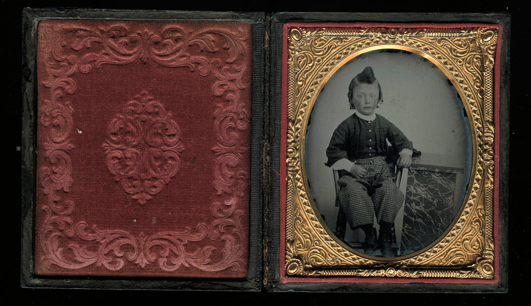 1/6 Ambrotype Cute Boy Funny Hair Unusual Table - 1860s, Full Case