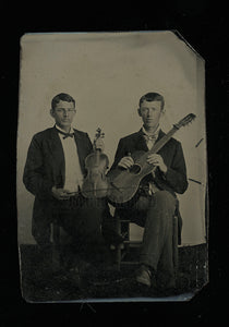 Antique Tintype Photo of Musicians Guitar & Violin Player Men - Music Int 1800s
