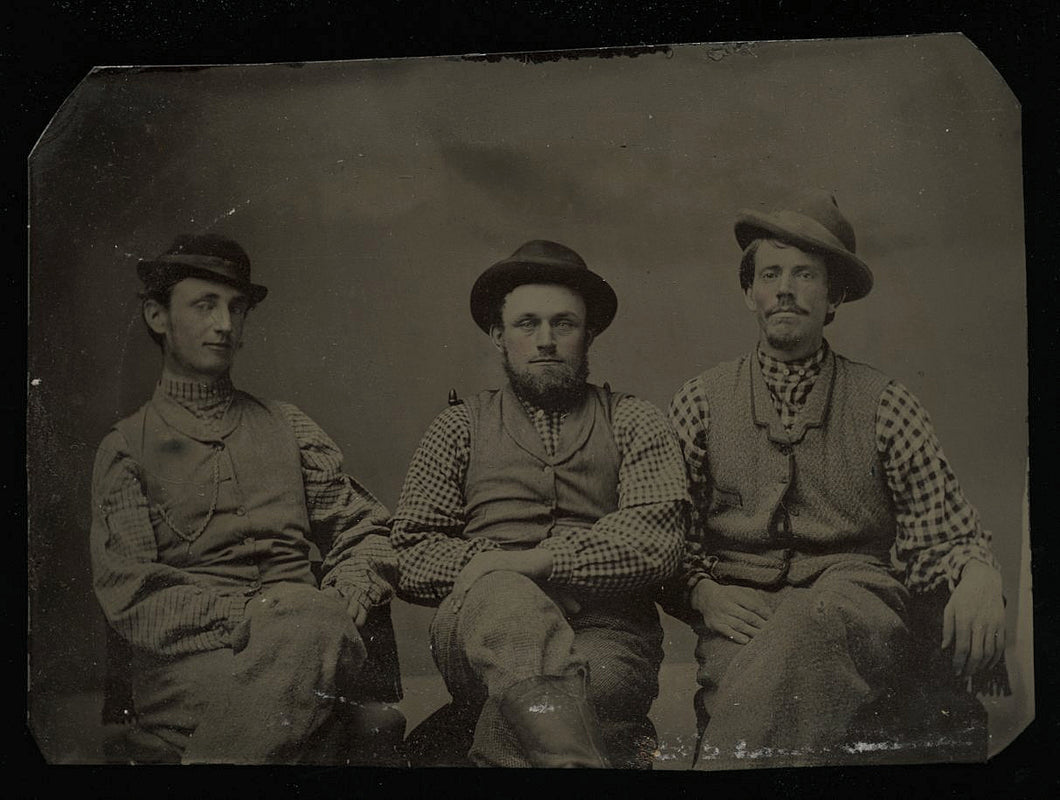 1860s tintype Photo men friends work boots & hats