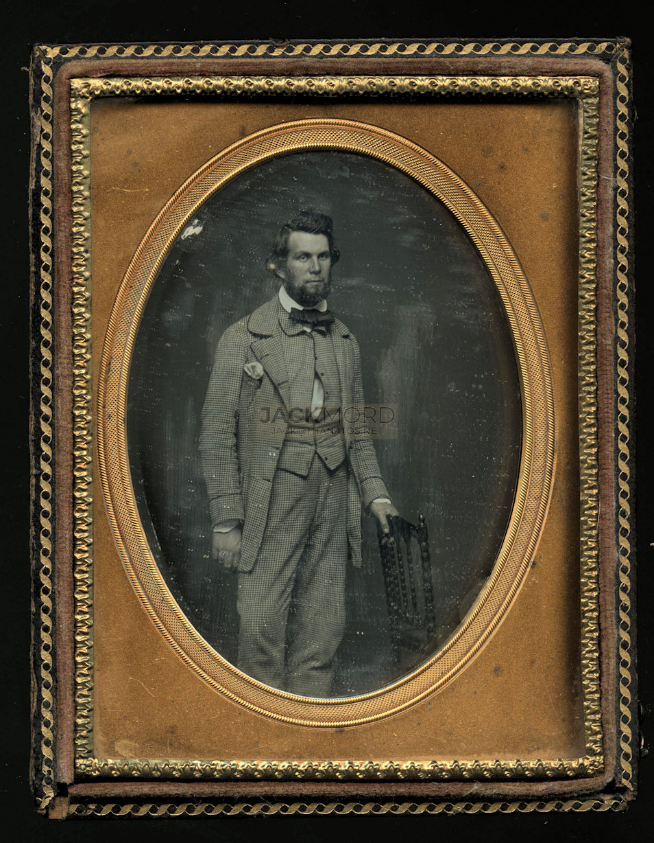 1/4 Daguerreotype, Bearded Man in Check Suit - Full Standing Portrait