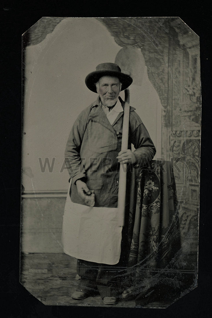 Rare Occupational Tintype Man Unusual Hat, Jacket / Work Clothes Holding Shovel