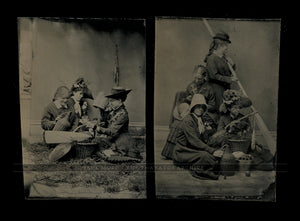 Great Set of Tintype Victorian Girls Having Picnic, Fishing, One Hidden Face