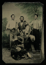 Load image into Gallery viewer, Excellent Tintype Lumberjack Men Holding Tools + Rifle 1800s Occupational Photo
