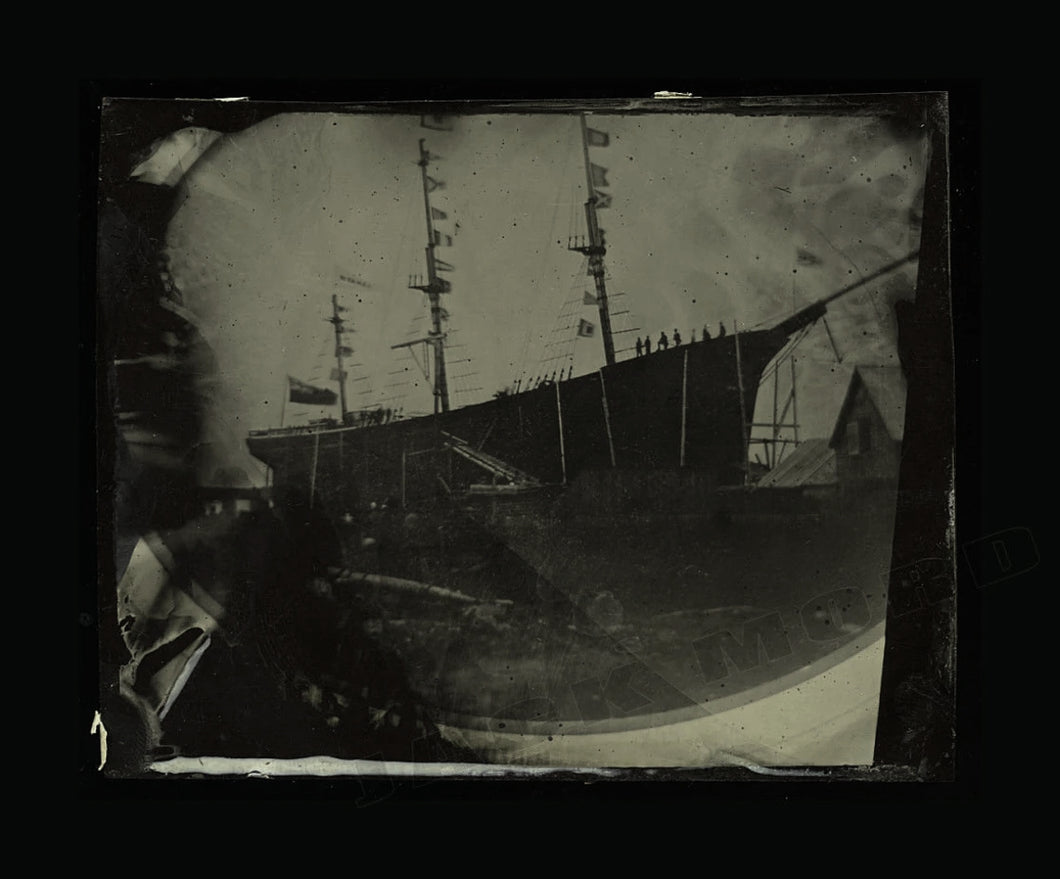 1860s Tintype Photo Tall Ship with Sailors on Deck - Civil War Related?