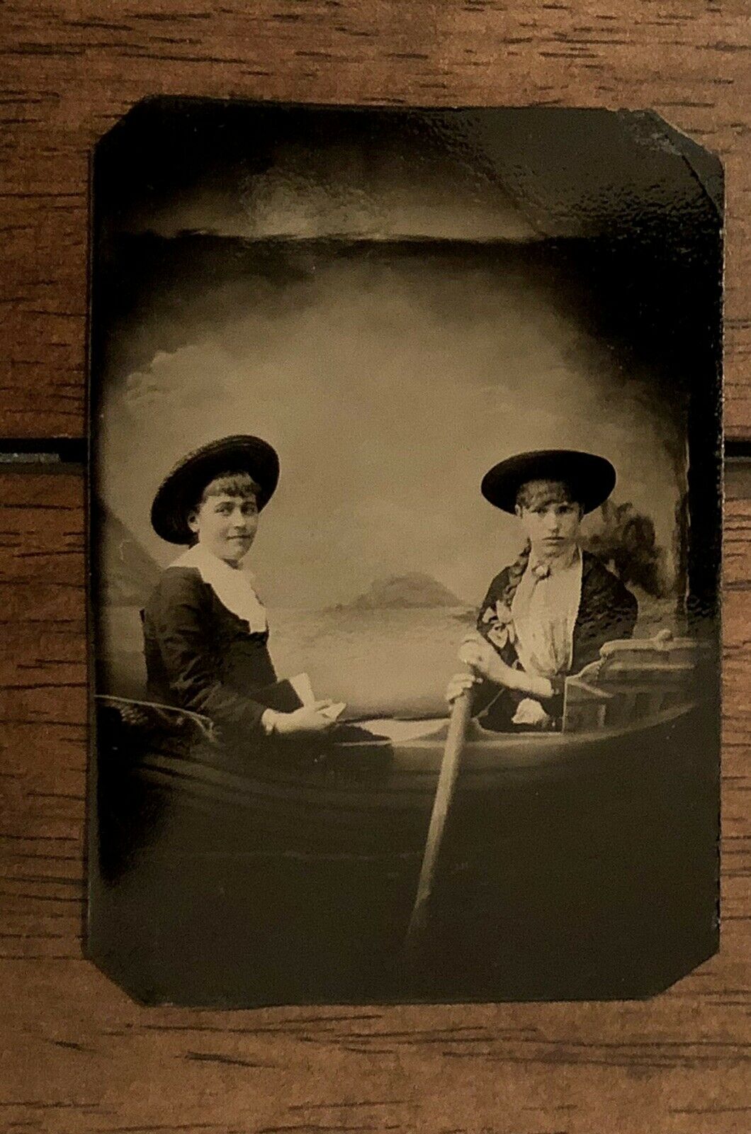 Antique / 1800s Tintype Photo Two Girls Young Women Rowing A Prop Boat - EXCOND!