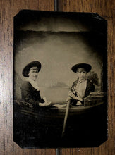 Load image into Gallery viewer, Antique / 1800s Tintype Photo Two Girls Young Women Rowing A Prop Boat - EXCOND!
