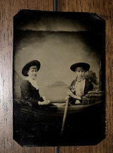 Antique / 1800s Tintype Photo Two Girls Young Women Rowing A Prop Boat - EXCOND!