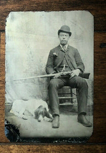 Rare Antique Tintype Photo African American Black Hunter w Rifle & Hunting Dog