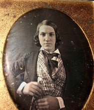 Load image into Gallery viewer, Early 1840s 6th Plate Daguerreotype Handsome Wealthy Teen Boy with Walking Stick
