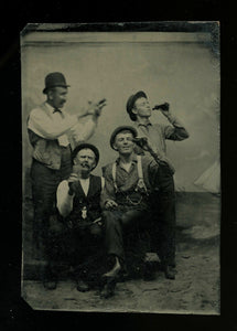 Antique Tintype Photo Beer Drinking Group of Men Painted Beach Sailboat Backdrop