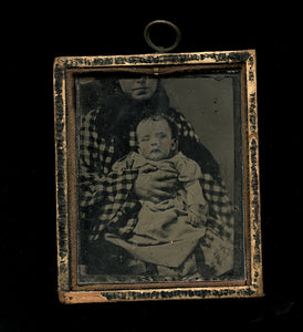 Tintype Partially hidden mother in checked dress holding baby hanging Frame
