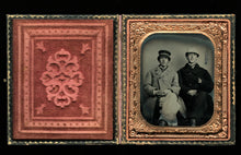 Load image into Gallery viewer, 1860s tintype of men friends in hats &amp; jackets - civil war tax stamps on back
