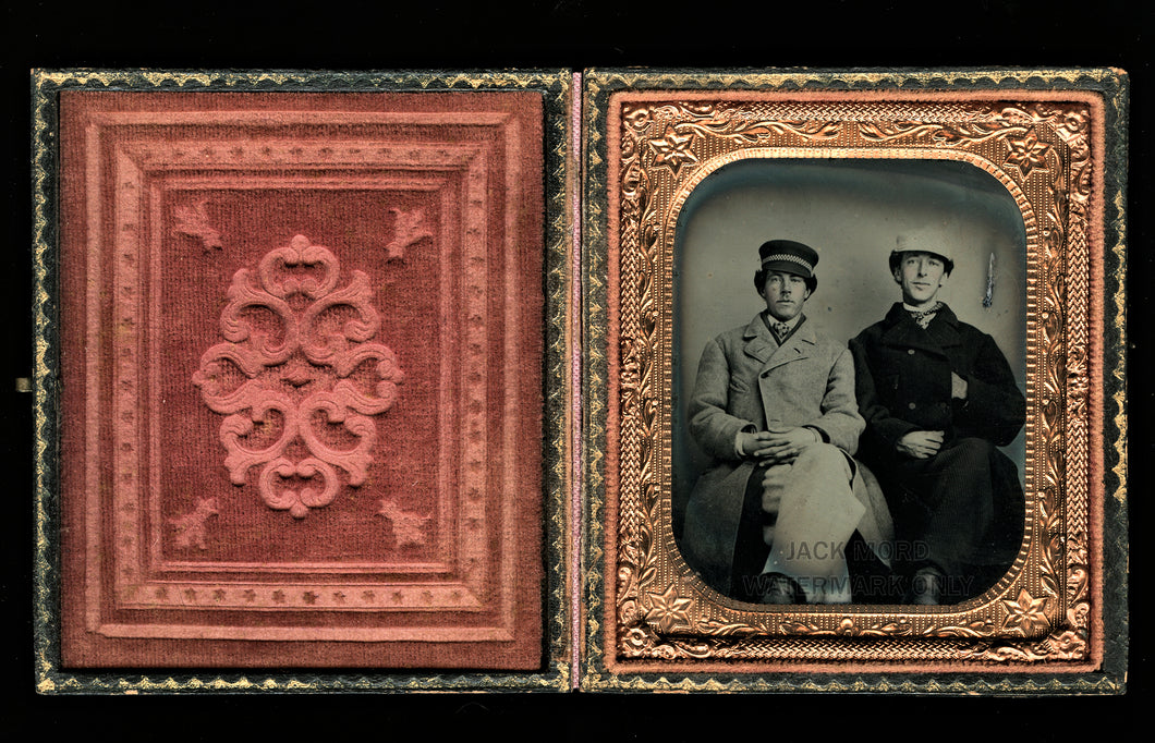 1860s tintype of men friends in hats & jackets - civil war tax stamps on back