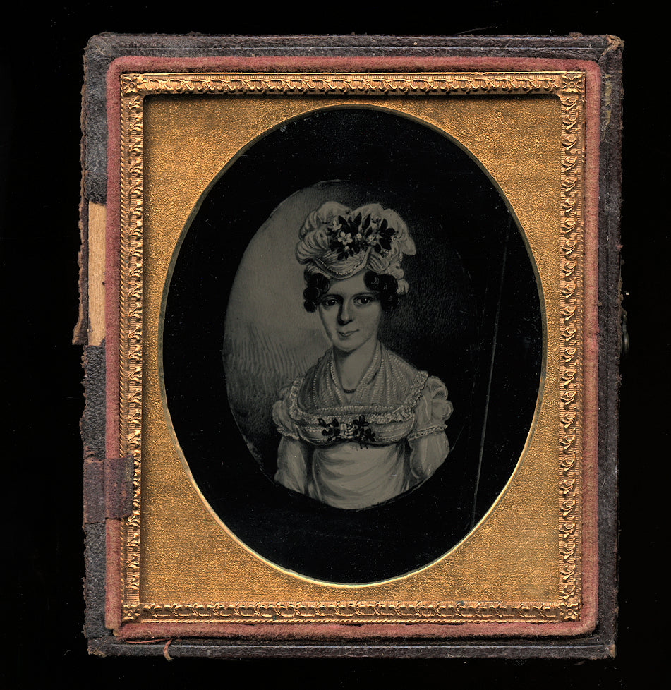 1850s Ambrotype Painting of Colonial Period Drawing of Woman