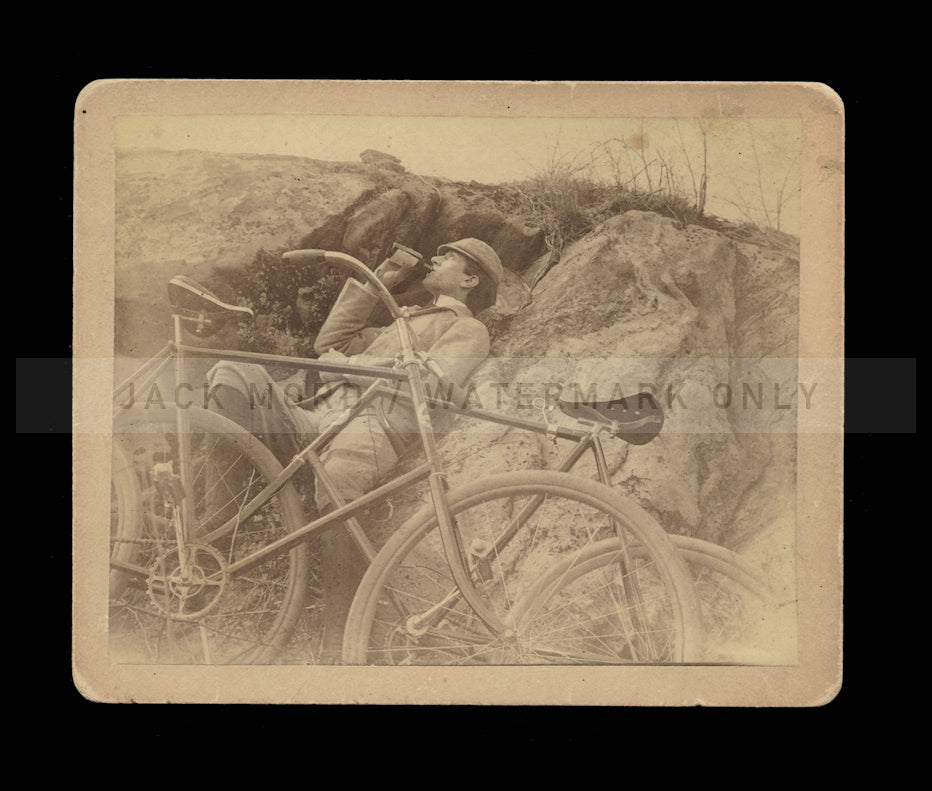 Great Amateur 1890s Antique Cabinet Photo Tired Bicycle Bike Rider Takes a Drink