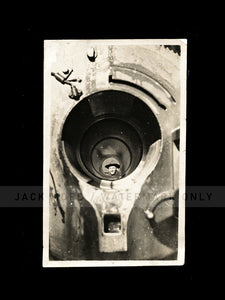 antique photo WWI soldier thru borehole of 12" mortar gun - unusual perspective