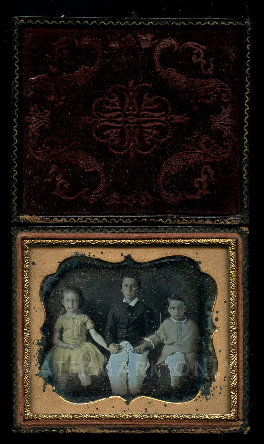 1/6 Daguerreotype Older Boy & Siblings Children Holding Hands, Tinted