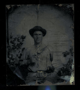 Armed Civil War Soldier Holding Gun - 1/6 Tintype Confederate 1860s