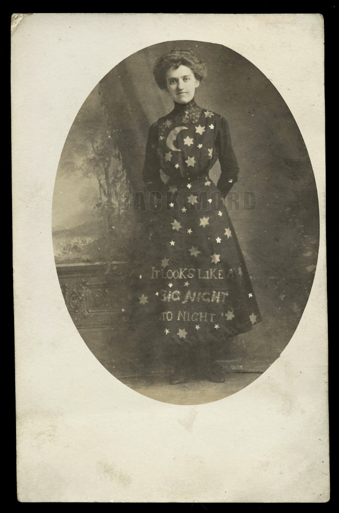 Woman in Stars & Moon Masquerade Dress Dated 1909 with Great Note!