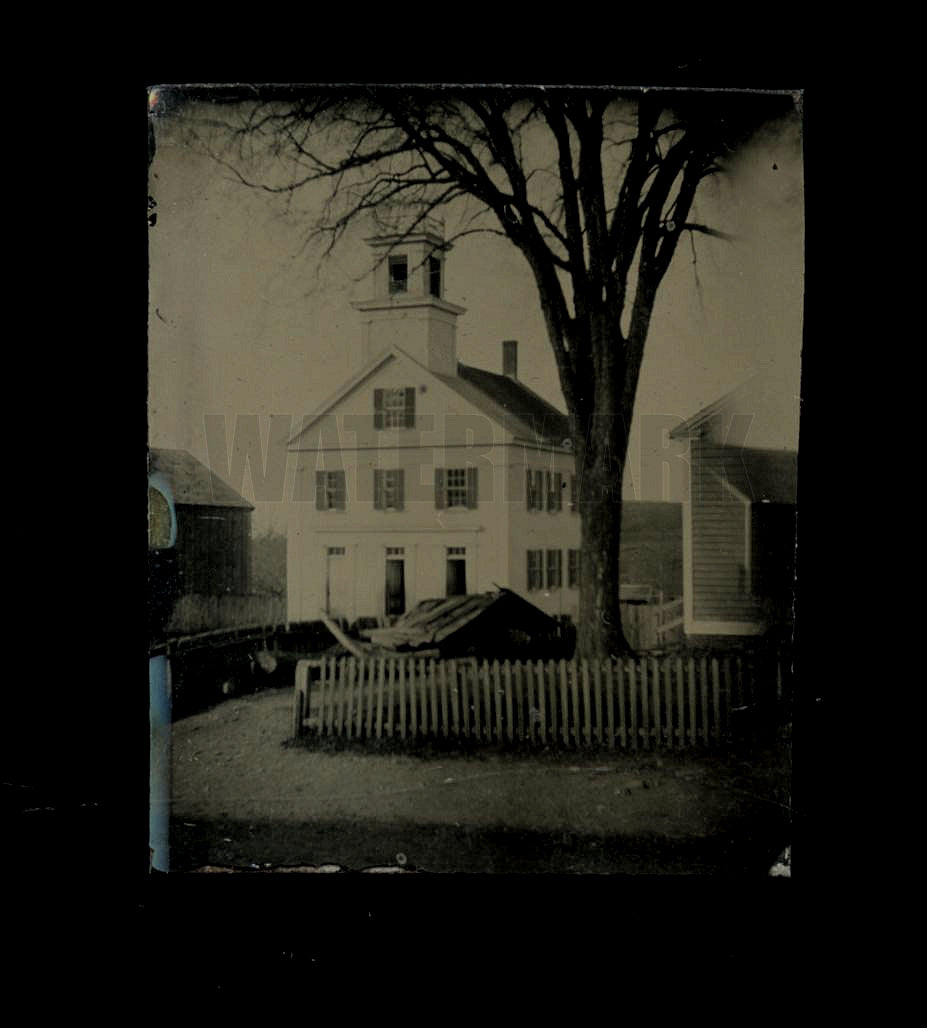 Outstanding Miniature Gem Tintype Outdoor Scene TOWN HALL BUILDING 1860s Photo