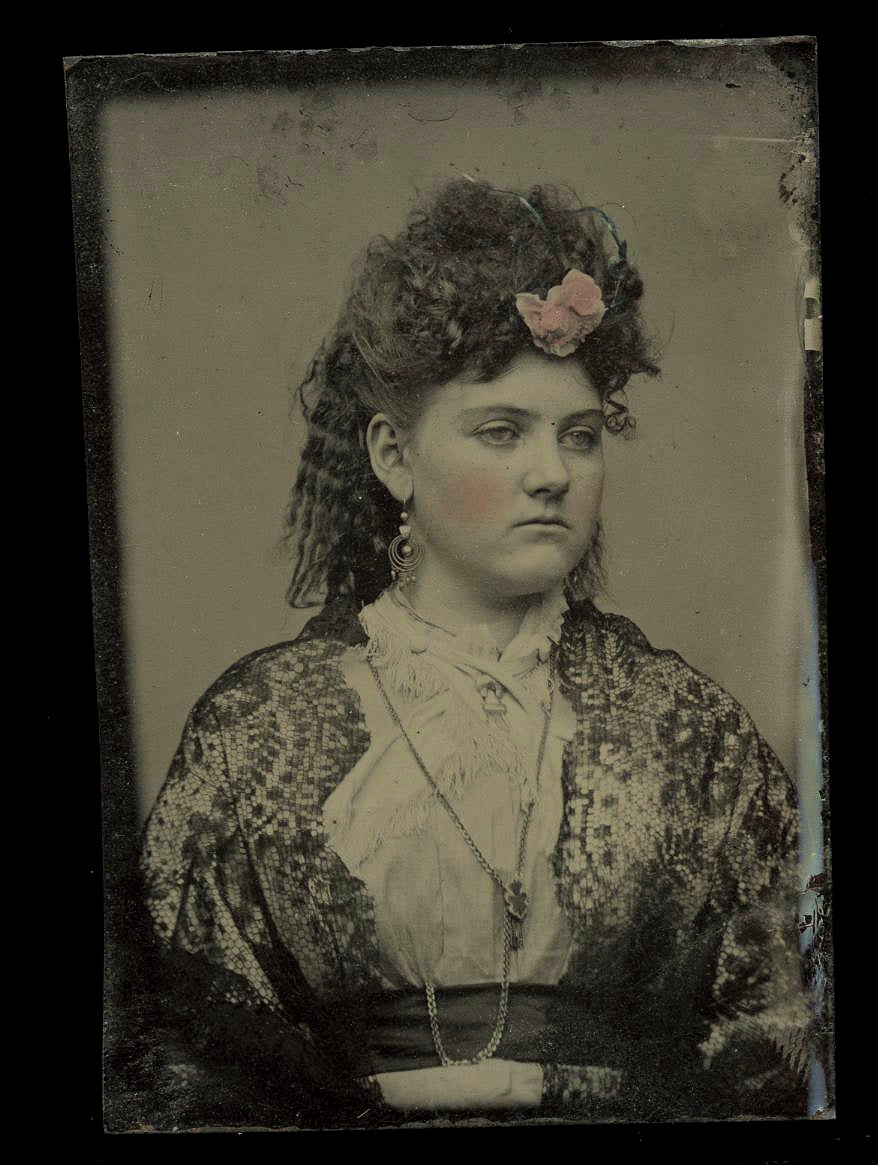 Victorian Fashion Tintype Pretty Girl Jewelry, Tinted Flower in Hair