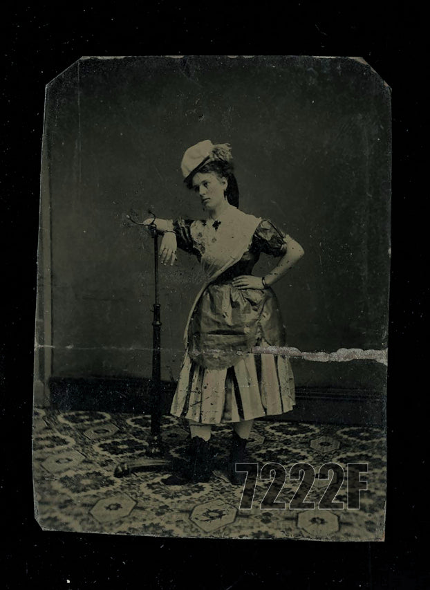 Unusual Tintype Pretty Girl Leans on Photographer Posing Stand Tinted Photo