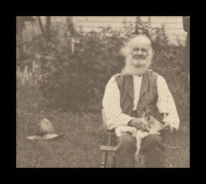 antique vintage 1800s outdoor cdv photo old man holding cat in front of house