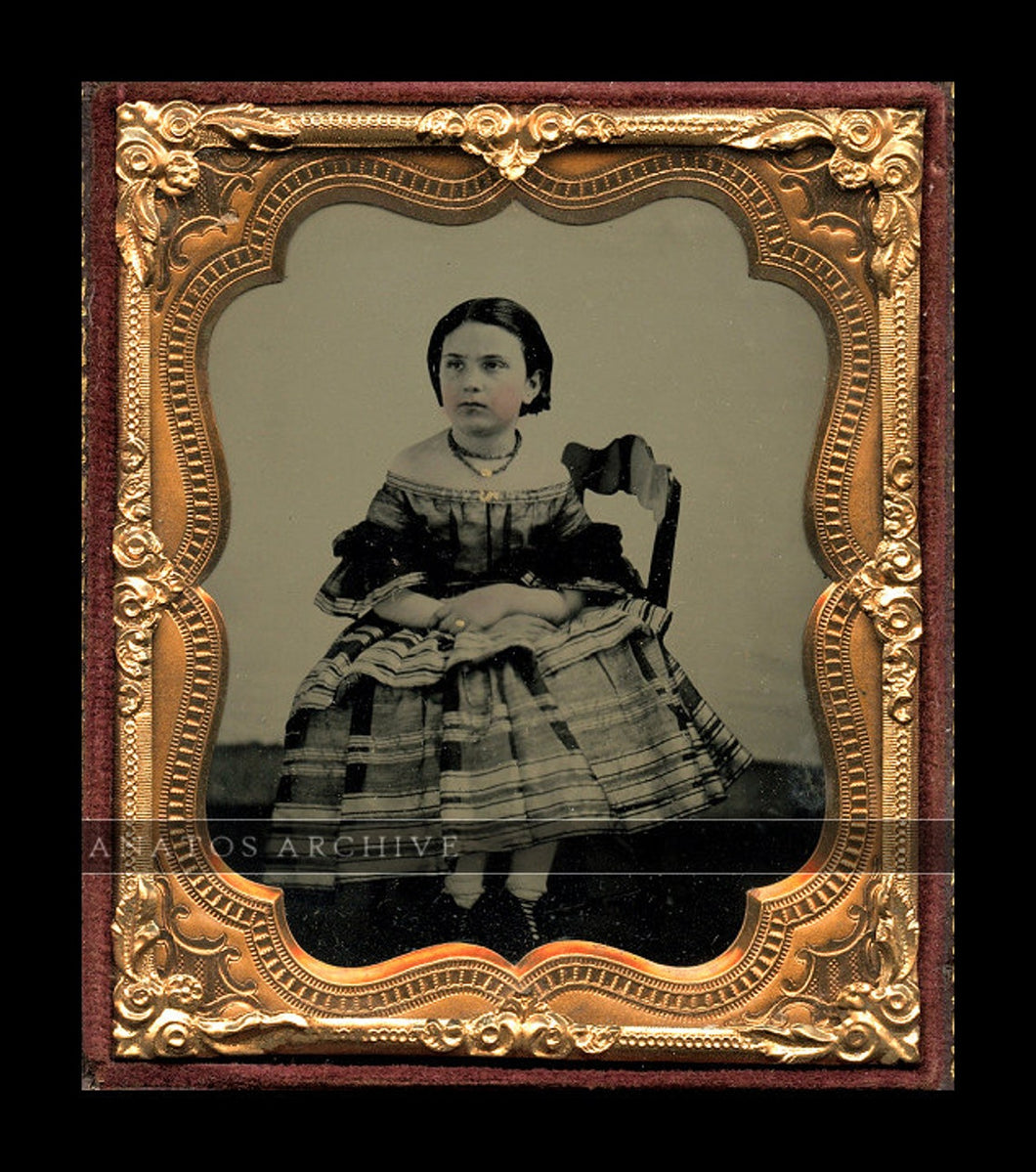 1/6 ambrotype little girl wearing painted gold jewelry 1860s