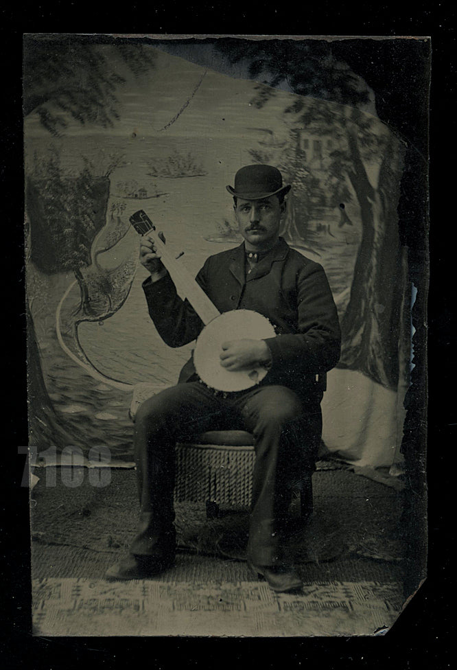 Tintype Photo Handsome Banjo Player / Musician - Antique Music Int