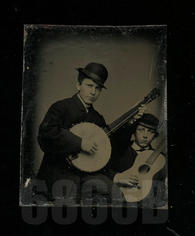 Rare Miniature Gem Tintype of Guitar & Banjo Players Musicians Music Int 1800s
