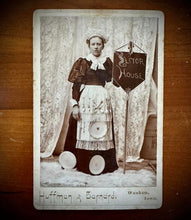 Load image into Gallery viewer, Banner Lady Holding Sign with Rare Original Ad on Back 1890s Cabinet Card
