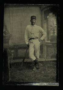 Excellent Tintype Photo 19th Century Baseball Player Striped Socks Leans on Bat