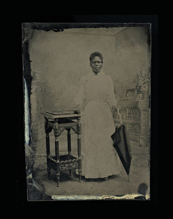Antique 1800s Tintype Photo African American Woman Holding Parasol