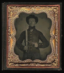 Superb Ambrotype 2x Armed Confederate Civil War Soldier ~ Bowie Knife & Tinted Gun