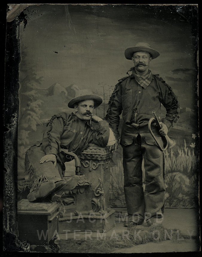 Excellent Antique Cowboys / Army Scouts Tintype Photo / Both Armed One Holding Bugle