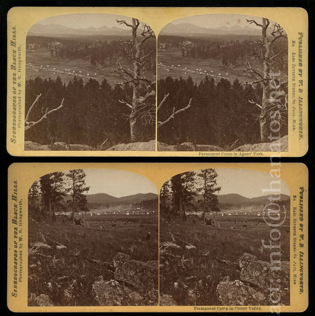 TWO Rare Stereoviews, George Armstrong Custer Expedition Black Hills SOUTH DAKOTA  - ILLINGWORTH C1874
