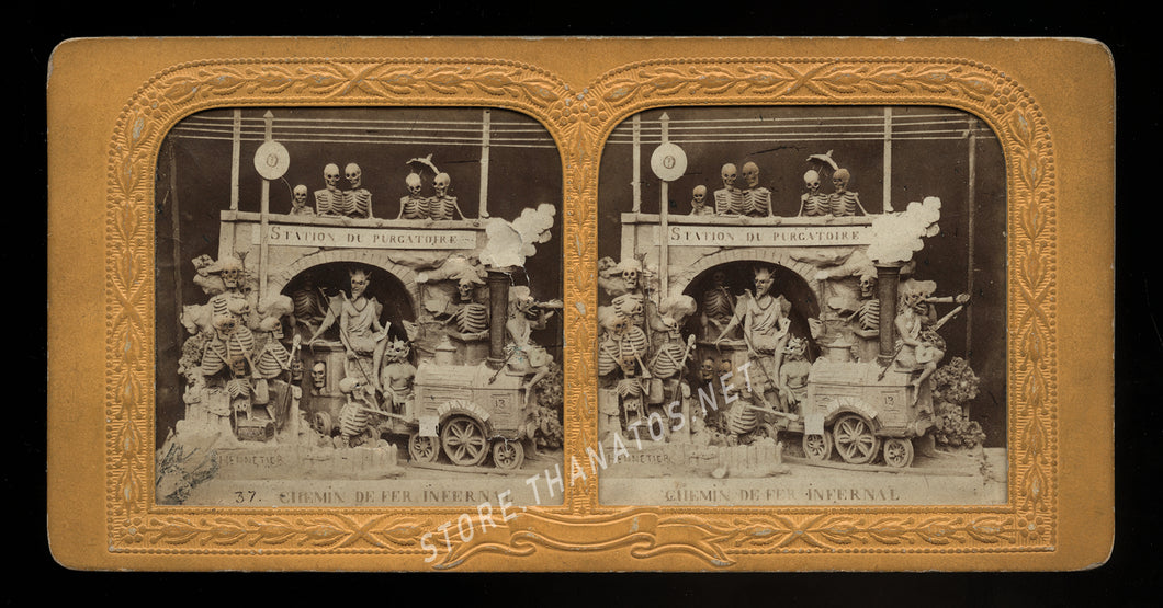 Rare 1860s Tissue Stereoview Photo ~ Satan Riding the Hades Express Train