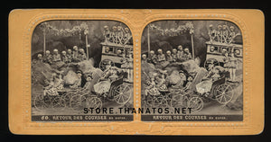Amazing Antique Tissue Stereoview Photo ~ Devil and Skeletons on Penny Farthing Bikes!