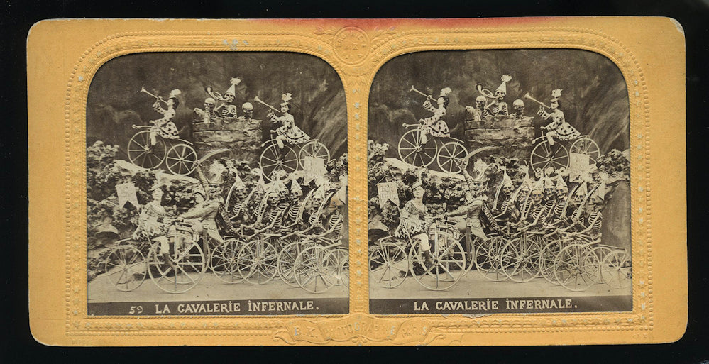 Amazing Antique Tissue Stereoview Photo ~ Devil and Skeleton Army on Bikes!
