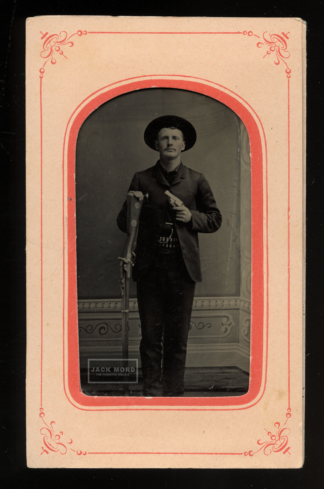 Western Man / Cowboy Double Armed with Pistol Rifle, & Cartridge Belt - Antique 1870s Tintype Photo