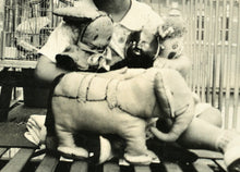 Load image into Gallery viewer, fire escape girl with toys black doll elephant &amp; bird in cage! vintage snapshot photo
