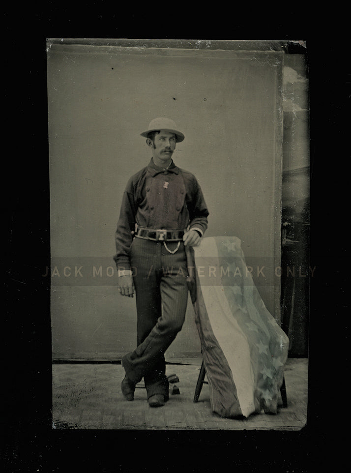 Excellent Antique Tintype Photo Handsome Fireman with Tinted US Flag or Bunting