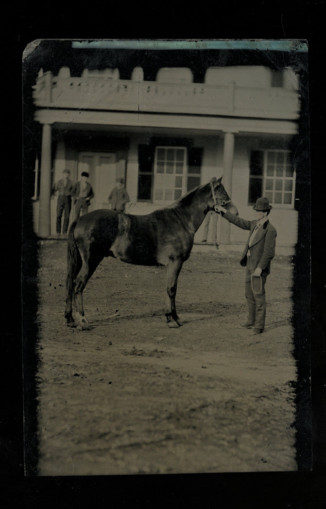 1860s Tintype Photo - Outdoor Street Scene, Man with Horse, Building