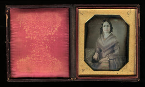 Tinted 1840s Daguerreotype Woman Holding Beaded Purse / MATHEW BRADY