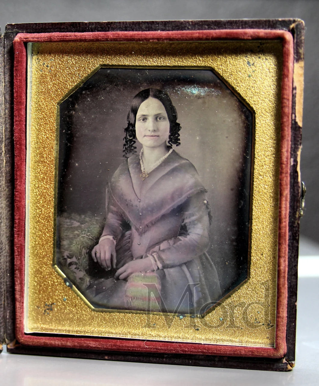 Tinted 1840s Daguerreotype Woman Holding Beaded Purse / MATHEW BRADY