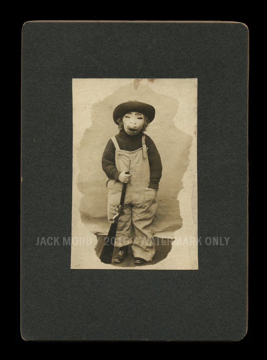 super creepy antique photo - boy in halloween costume / mask - early 1900s