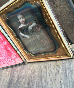 Tinted 1/4 Daguerreotype, Little Boy in Dress Holding Toy Hammer
